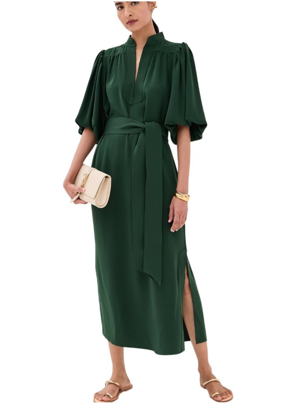 Figue Dani Belted Midi Dress size L large alpine green split neck side slits